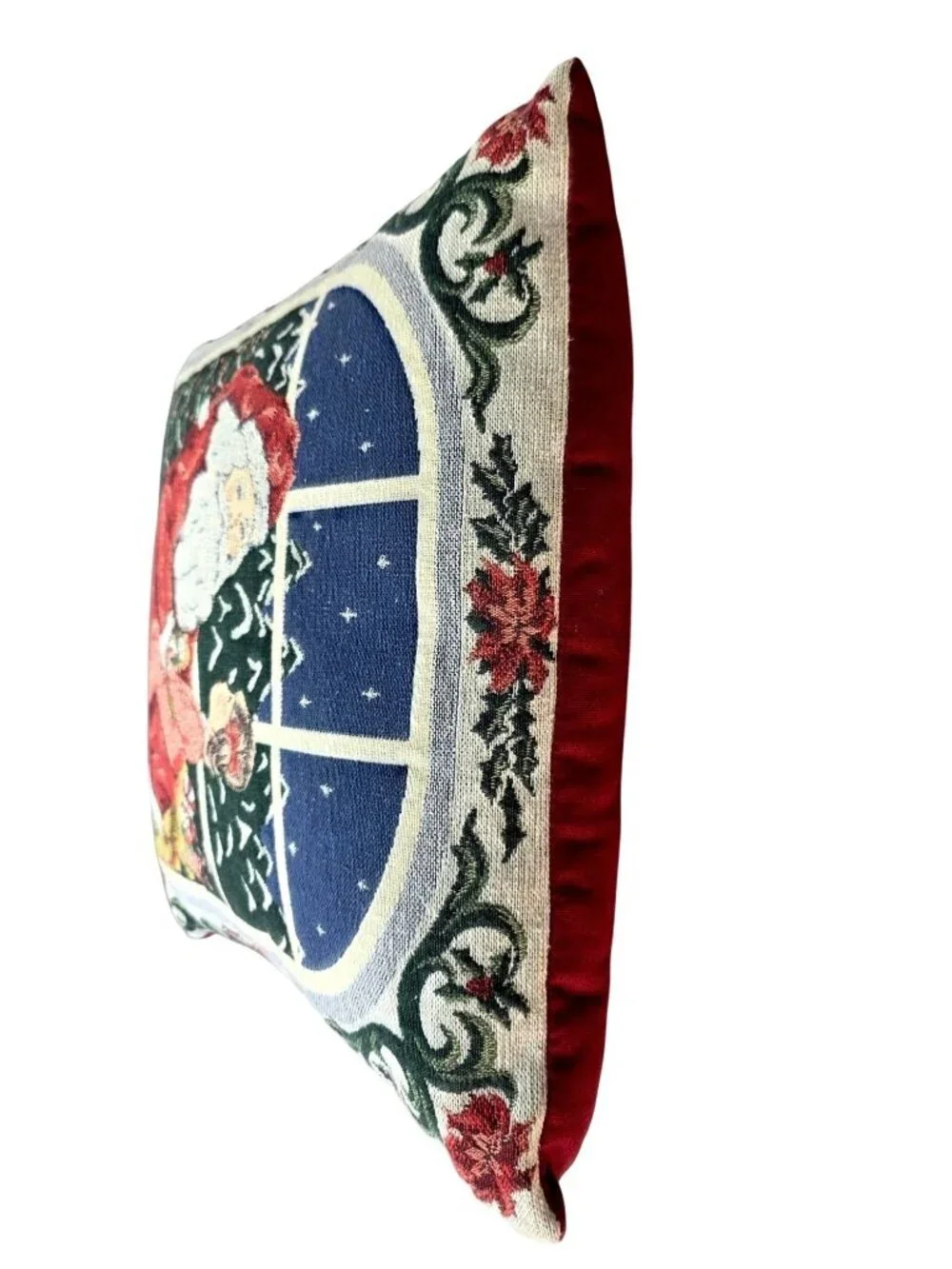 Vintage 90s Needlepoint Santa Pillow 16 in Sq Christmas Tapestry Cushion Holiday